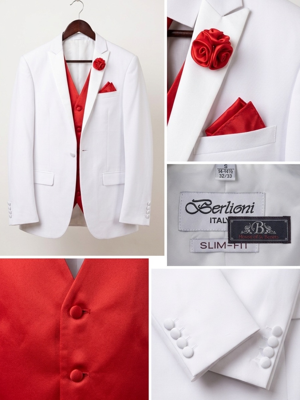 Slim-Fit White Suit with Red Vest & Accessories